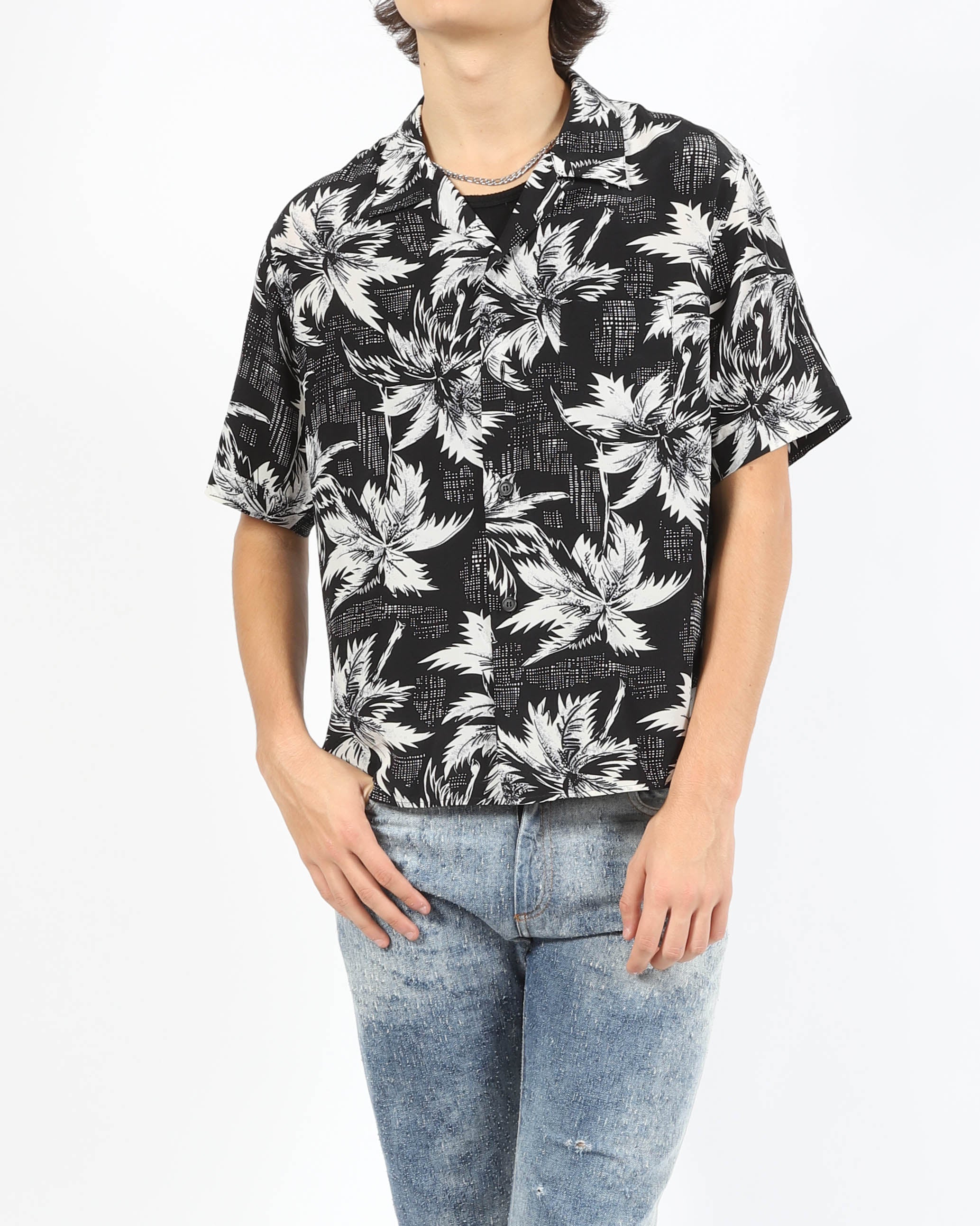 SS14 Shortsleeve Shirt in Black & White Floral Printed Silk