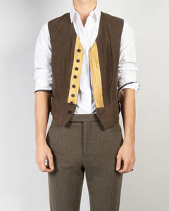 SS16 Brown Linen Waistcoat with Gold Jacquard Detail