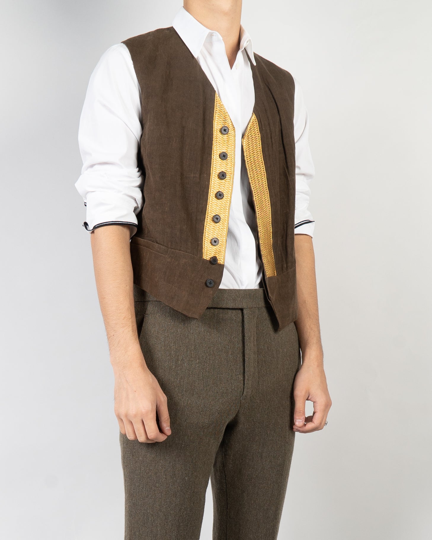 SS16 Brown Linen Waistcoat with Gold Jacquard Detail