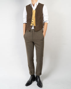 SS16 Brown Linen Waistcoat with Gold Jacquard Detail