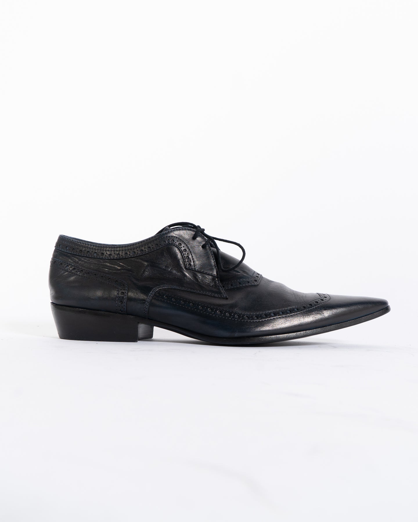 SS17 Black Leather Pointed Brogue Derbies