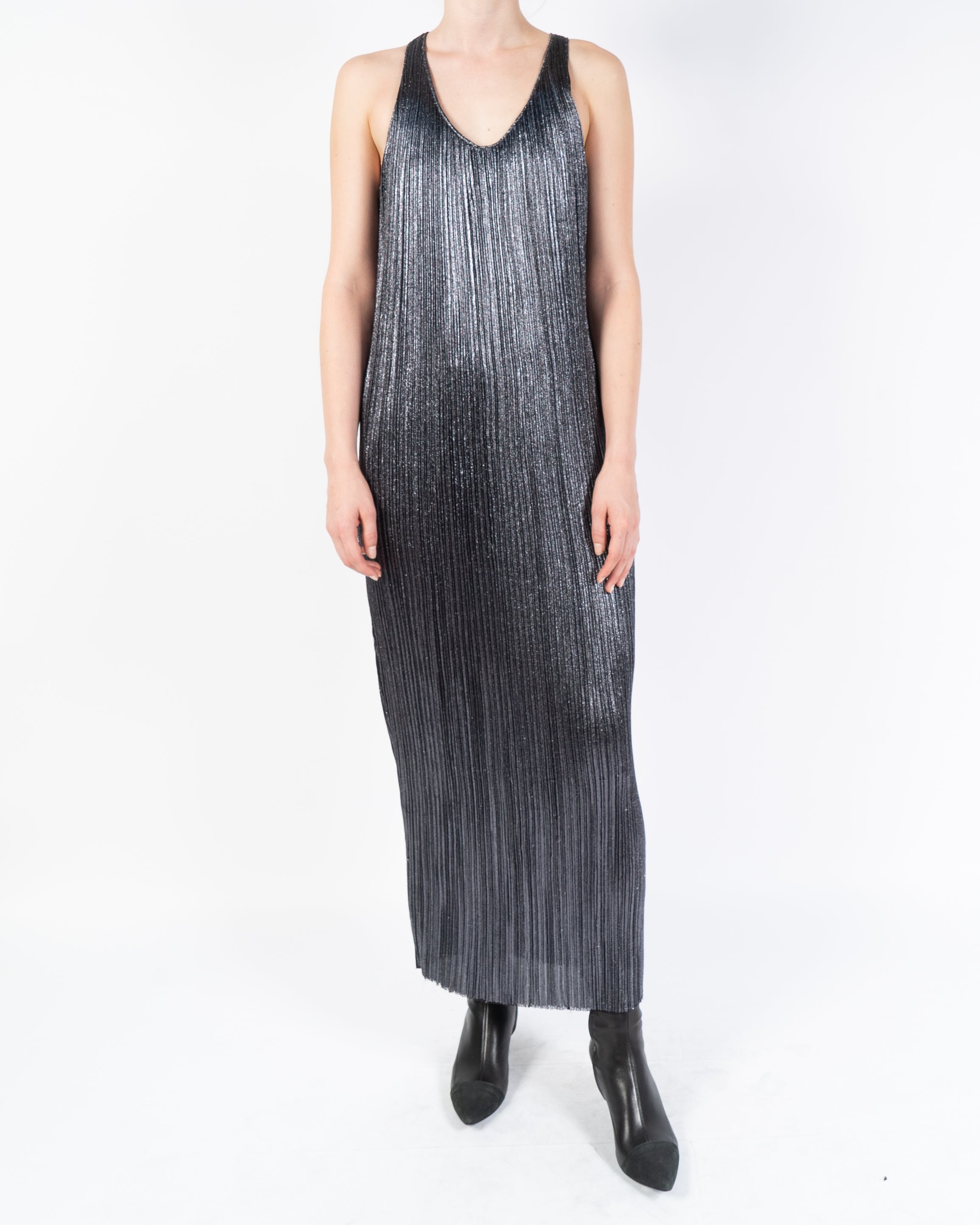 SS17 Pleated Glitter Dress in Silver Viscose