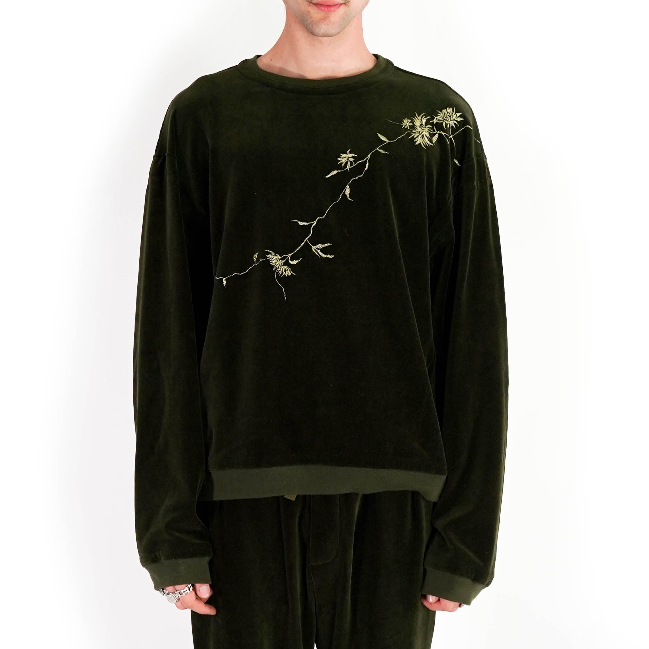 Floral Embroidered Green Velvet Sweatshirt